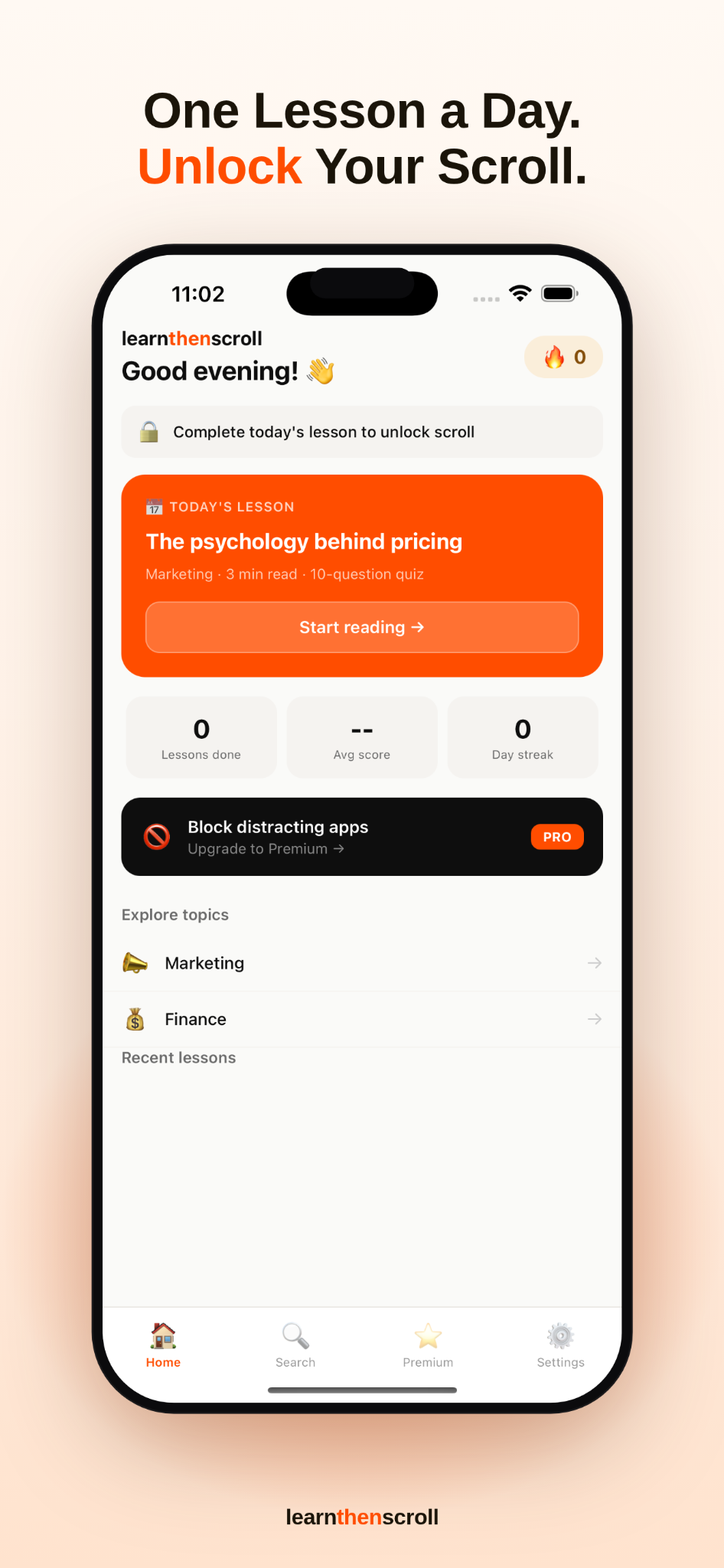 LearnThenScroll home screen showing daily lessons and app blocking